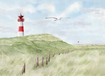 Postkarte DIN-A6  Aquarell Kunst Maritim Druck Kunstdruck Leuchtturm List Sylt Nordsee Meer Strand Dünen